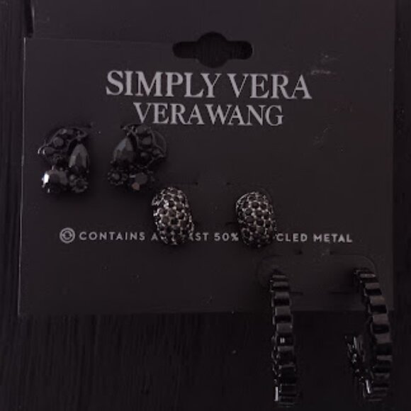 VERA WANG Goth 3pc Gunmetal Black Crystal Studs + Black Chain Link Hoop Earrings - Picture 3 of 3